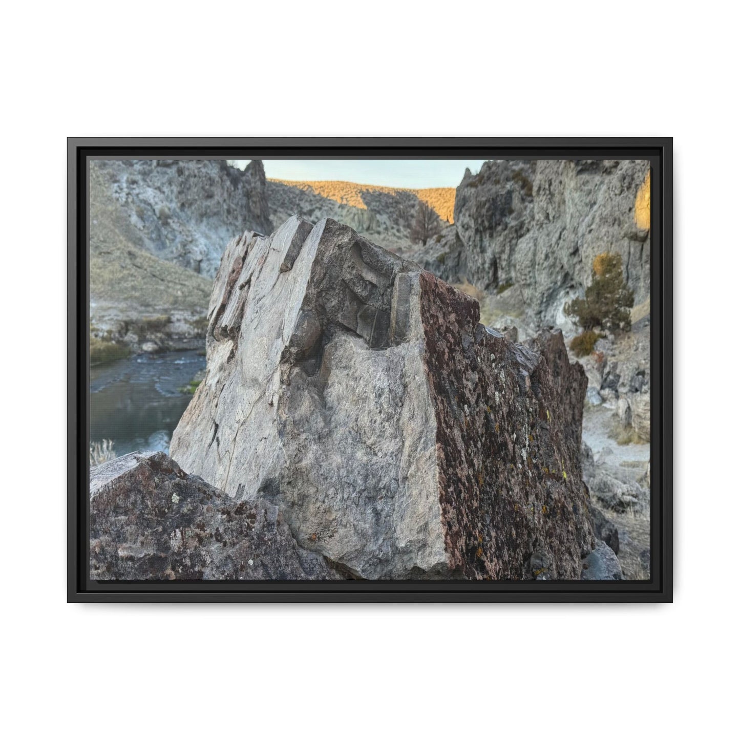 River's Stone Sentinel - Unique Stretched Canvas Wall Art