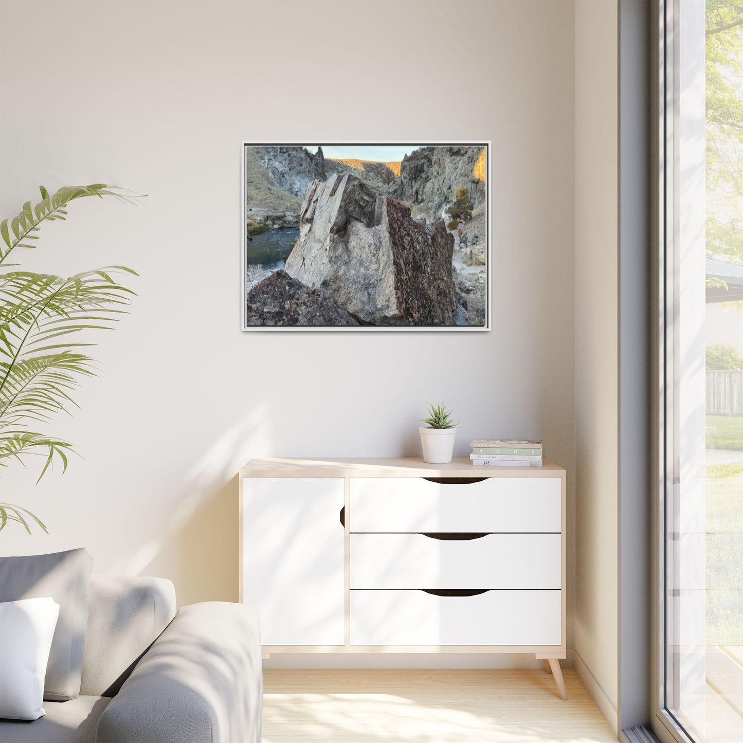 River's Stone Sentinel - Unique Stretched Canvas Wall Art