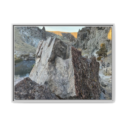 River's Stone Sentinel - Unique Stretched Canvas Wall Art