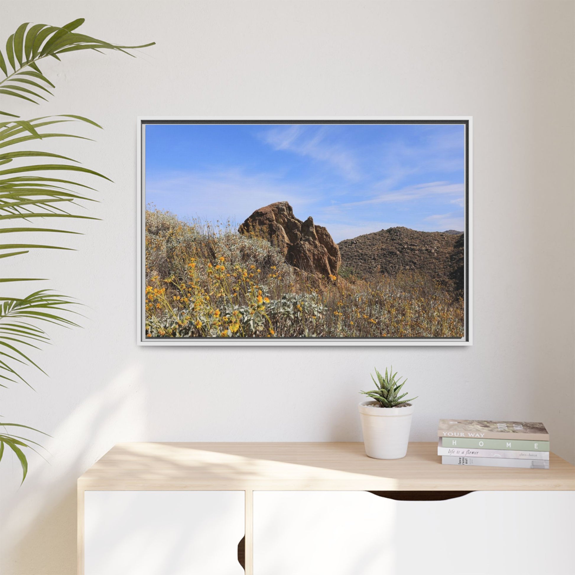 Golden Flowers in Arid Landscape - Unique Stretched Canvas Wall Art - Art By Earth