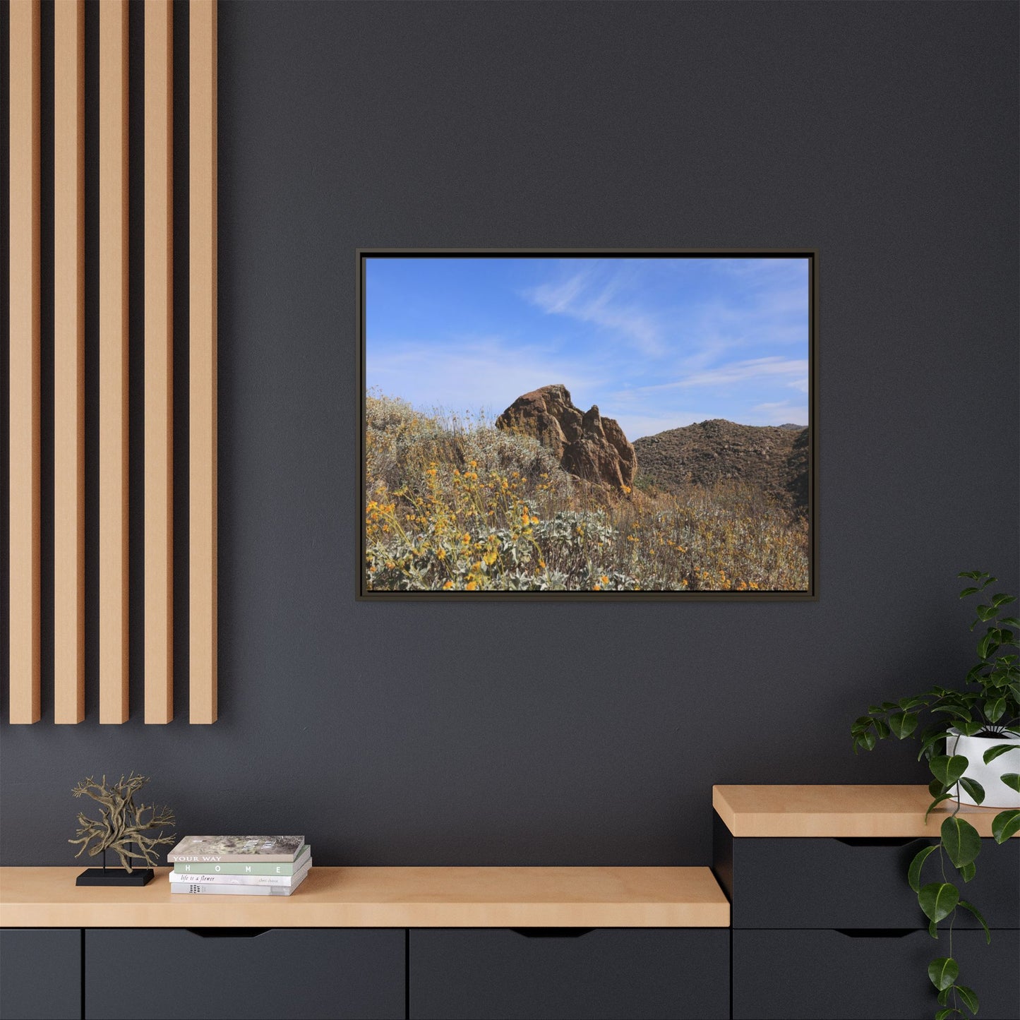 Golden Flowers in Arid Landscape - Unique Stretched Canvas Wall Art - Art By Earth