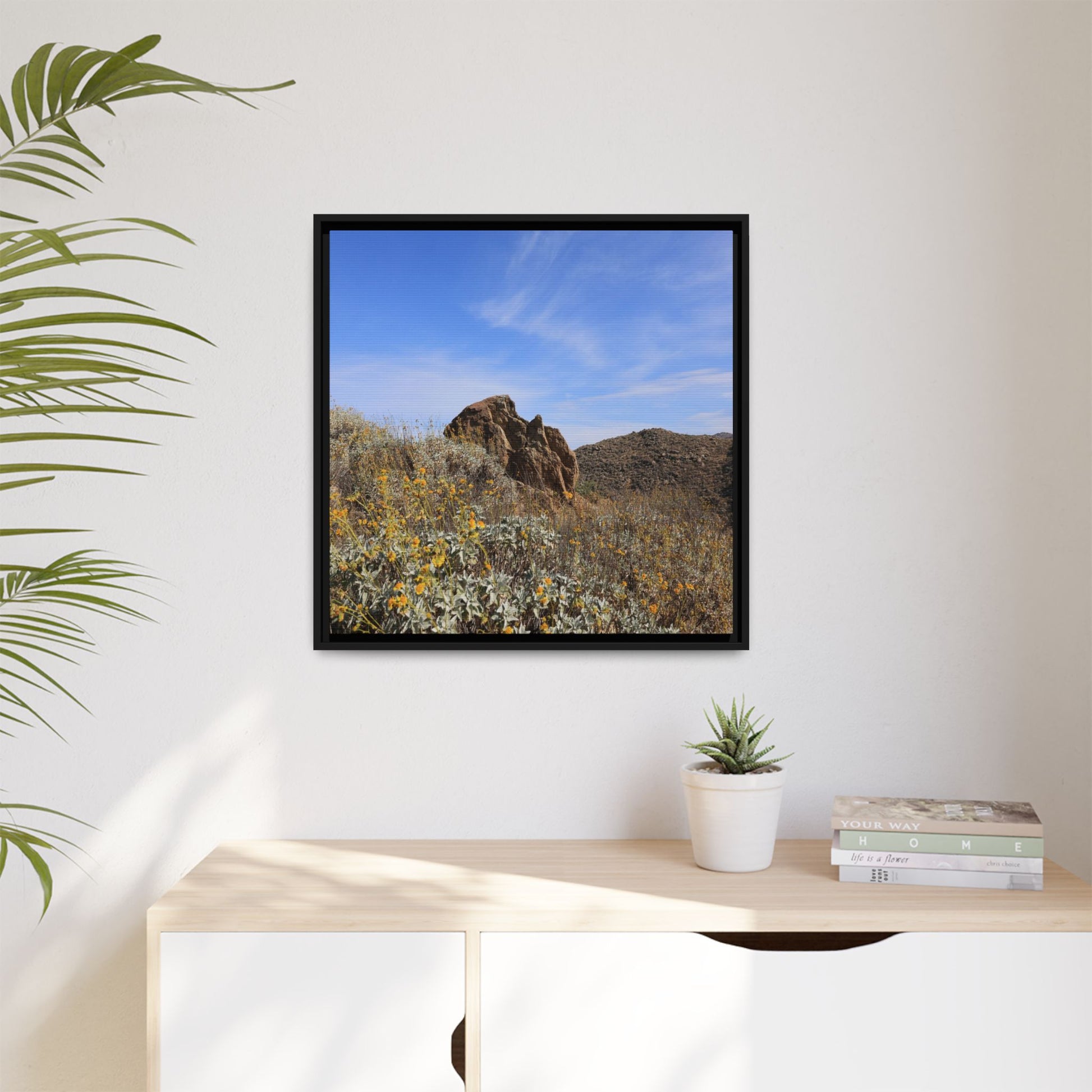 Golden Flowers in Arid Landscape - Unique Stretched Canvas Wall Art - Art By Earth