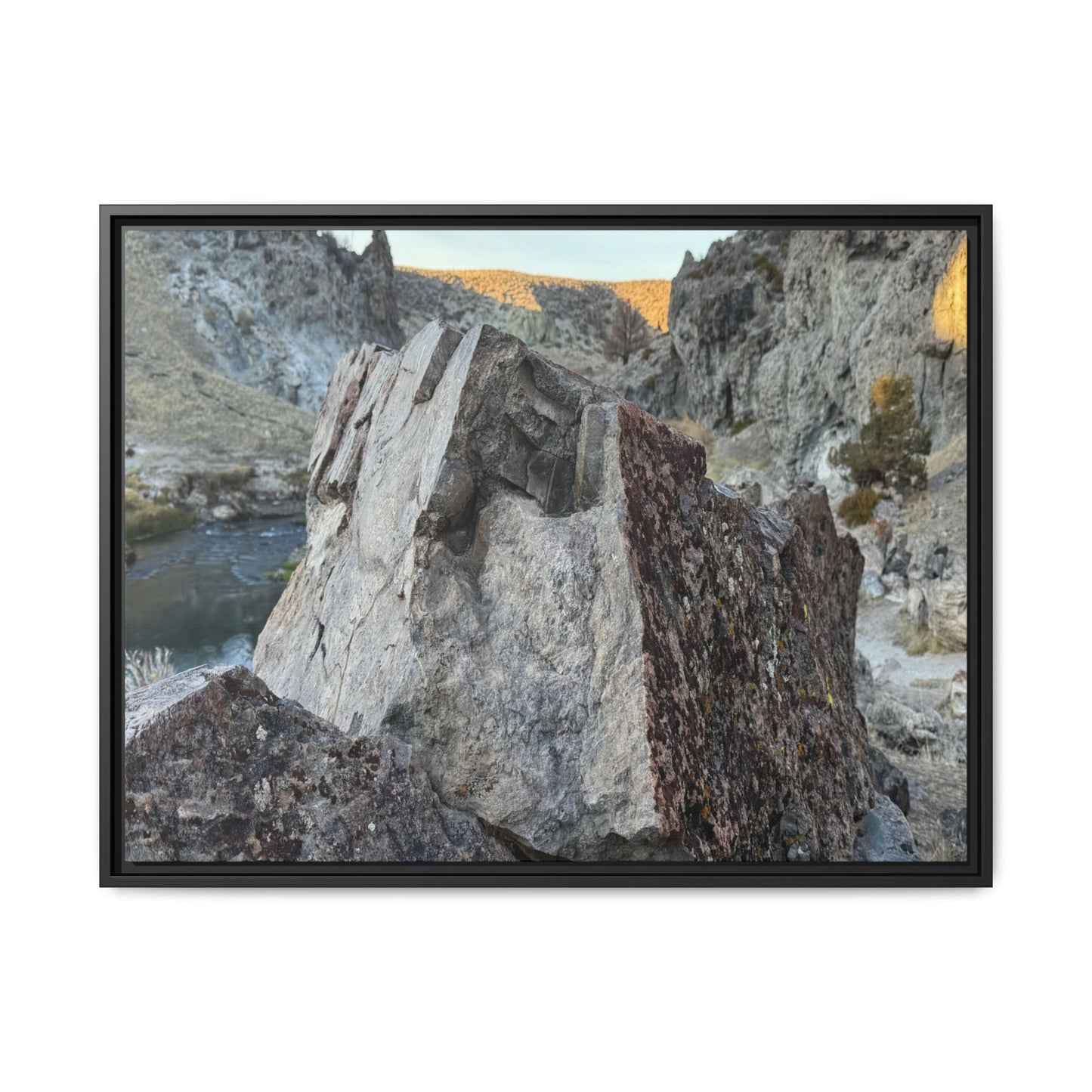 River's Stone Sentinel - Unique Stretched Canvas Wall Art