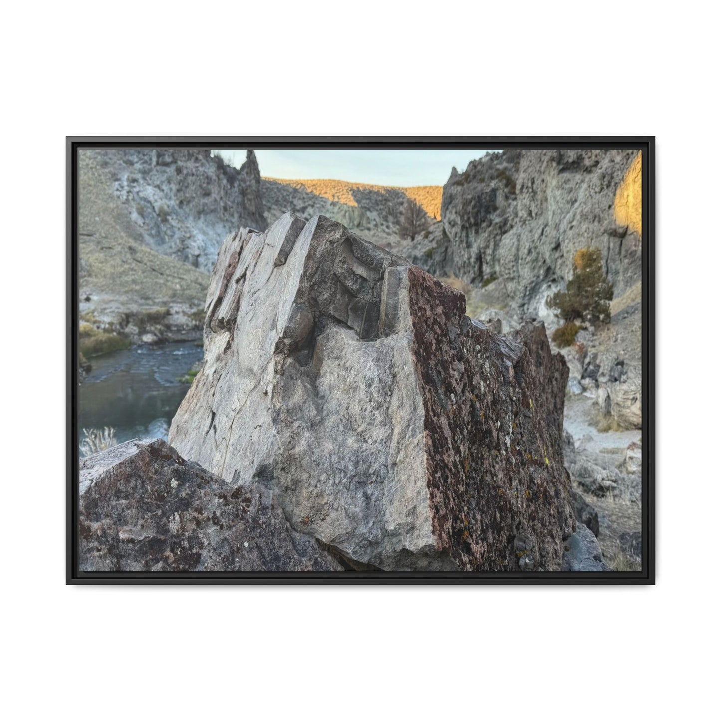 River's Stone Sentinel - Unique Stretched Canvas Wall Art