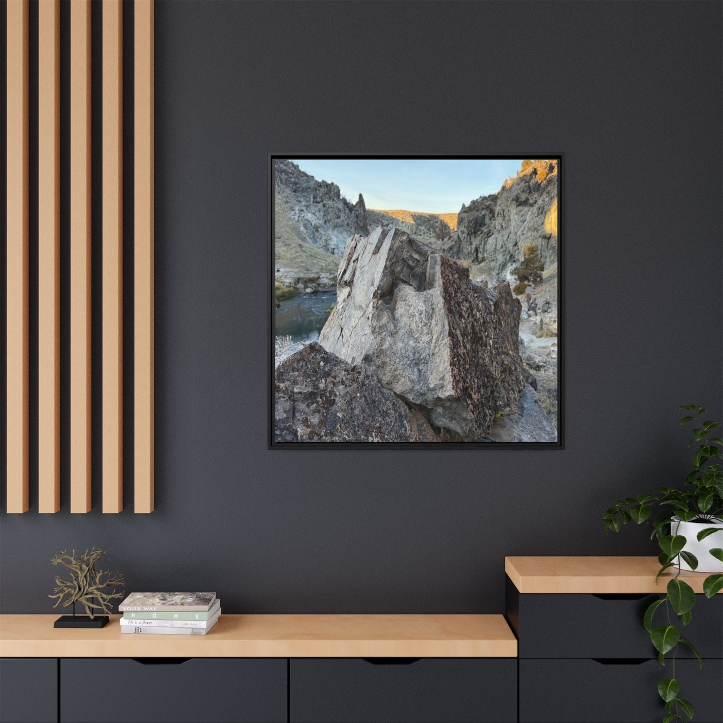 River's Stone Sentinel - Unique Stretched Canvas Wall Art