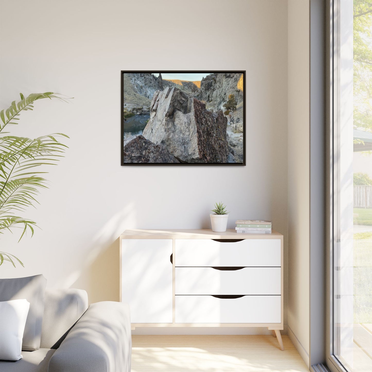 River's Stone Sentinel - Unique Stretched Canvas Wall Art
