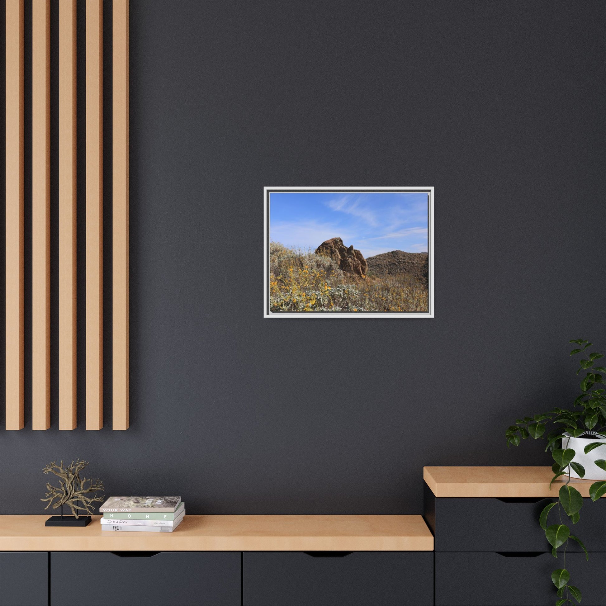Golden Flowers in Arid Landscape - Unique Stretched Canvas Wall Art - Art By Earth
