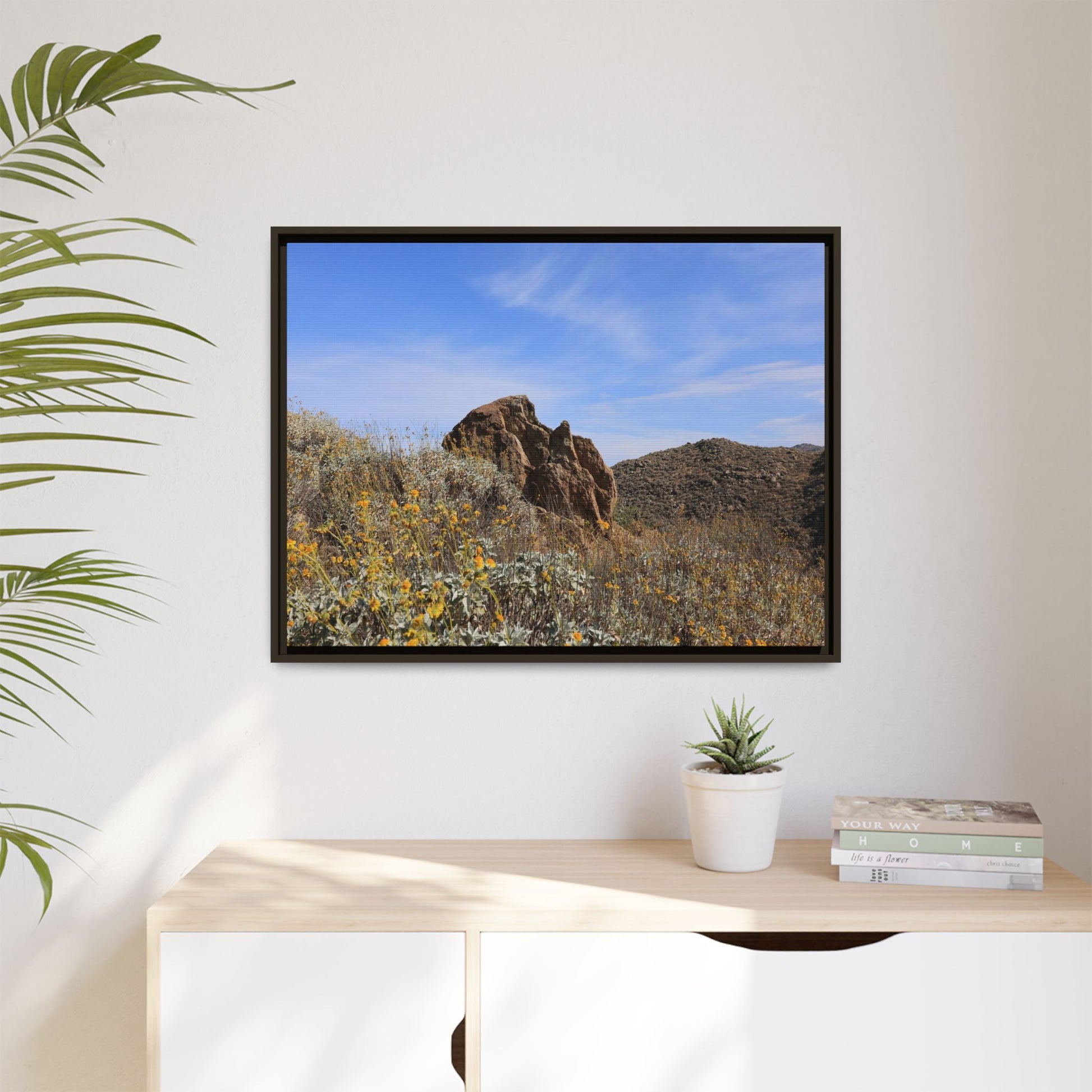 Golden Flowers in Arid Landscape - Unique Stretched Canvas Wall Art - Art By Earth