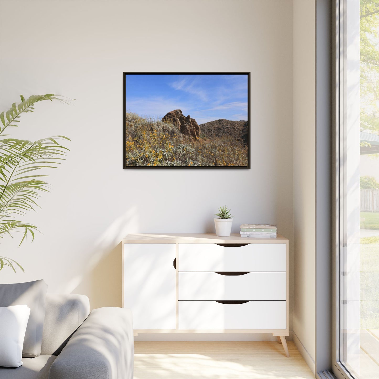 Golden Flowers in Arid Landscape - Unique Stretched Canvas Wall Art - Art By Earth