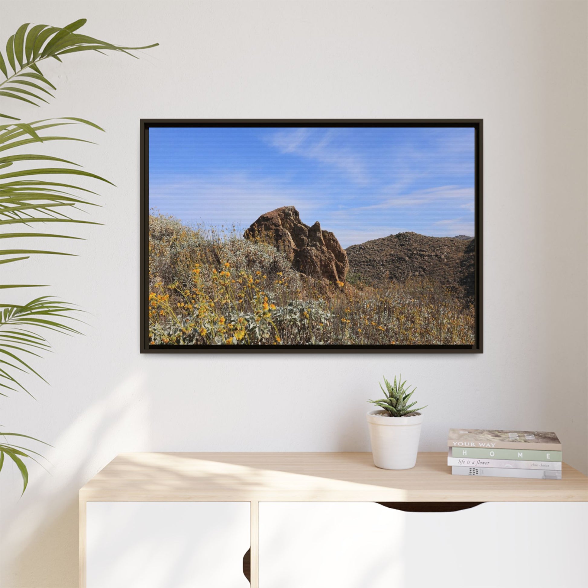 Golden Flowers in Arid Landscape - Unique Stretched Canvas Wall Art - Art By Earth