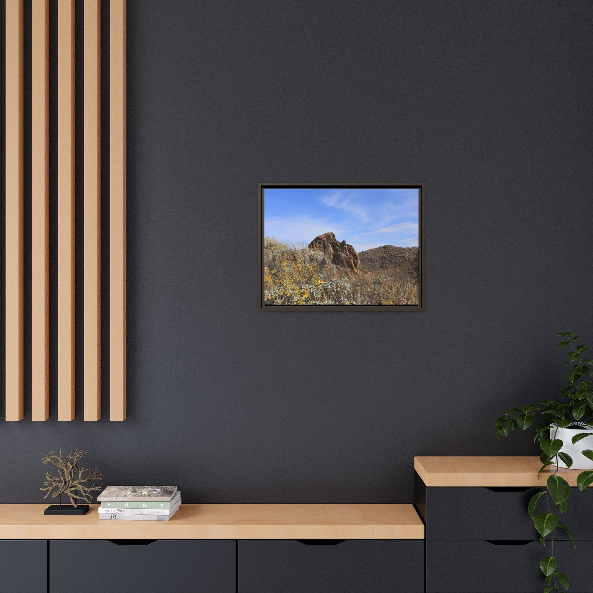 Golden Flowers in Arid Landscape - Unique Stretched Canvas Wall Art - Art By Earth