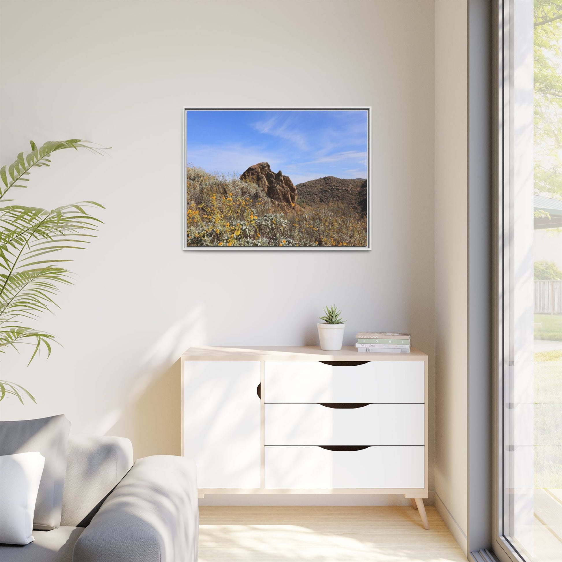 Golden Flowers in Arid Landscape - Unique Stretched Canvas Wall Art - Art By Earth