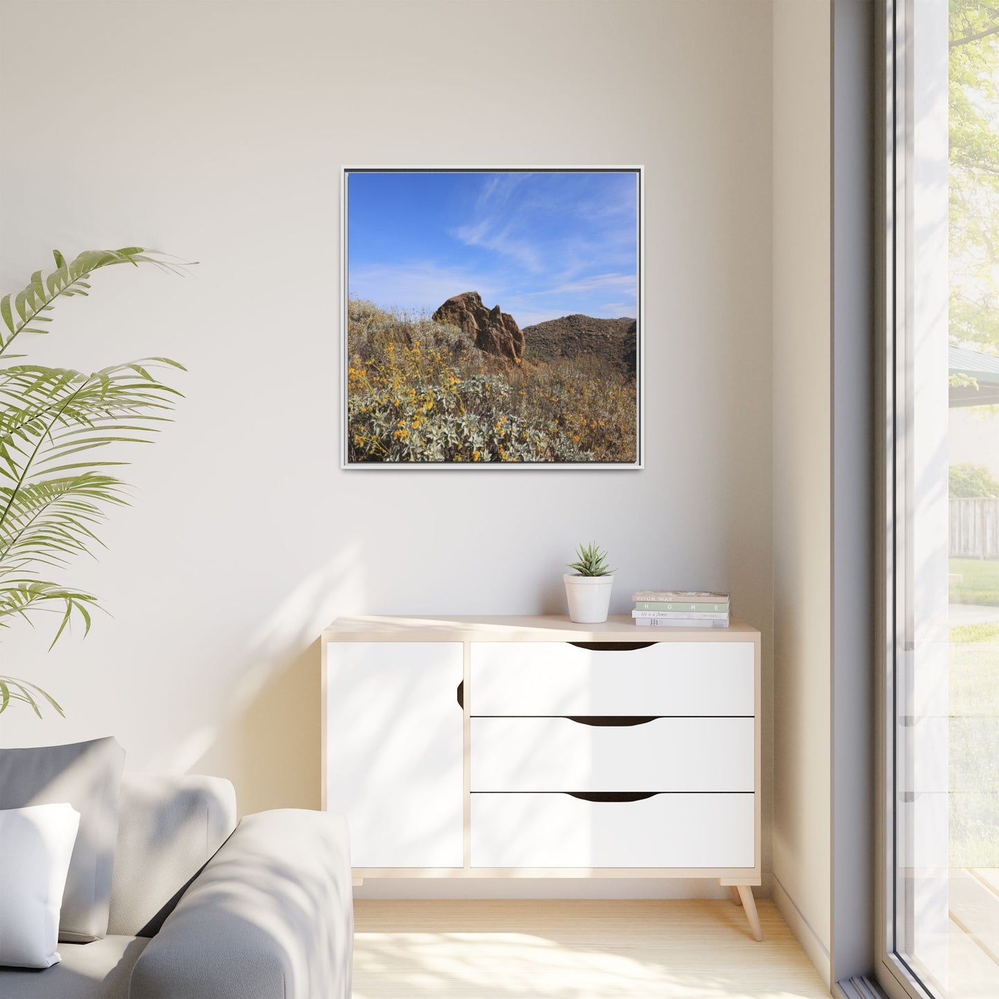 Golden Flowers in Arid Landscape - Unique Stretched Canvas Wall Art - Art By Earth