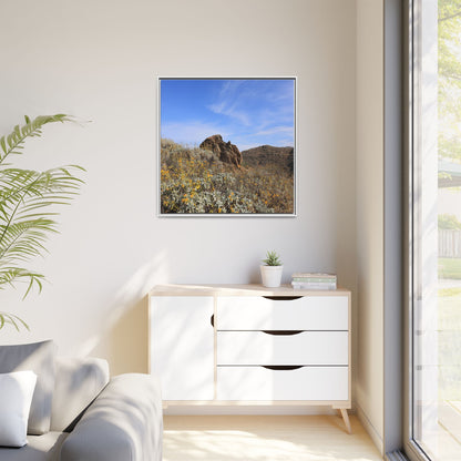 Golden Flowers in Arid Landscape - Unique Stretched Canvas Wall Art - Art By Earth