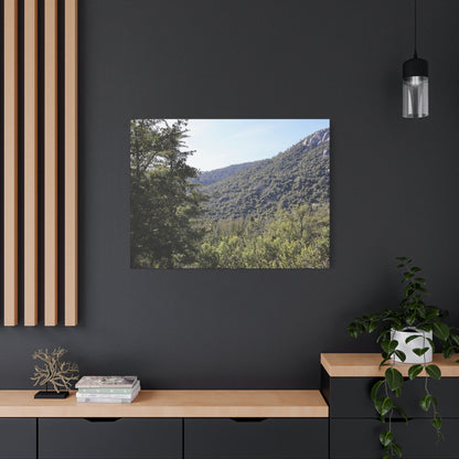 Mountain Vista Through Forest - Unique Frameless Canvas Wall Art