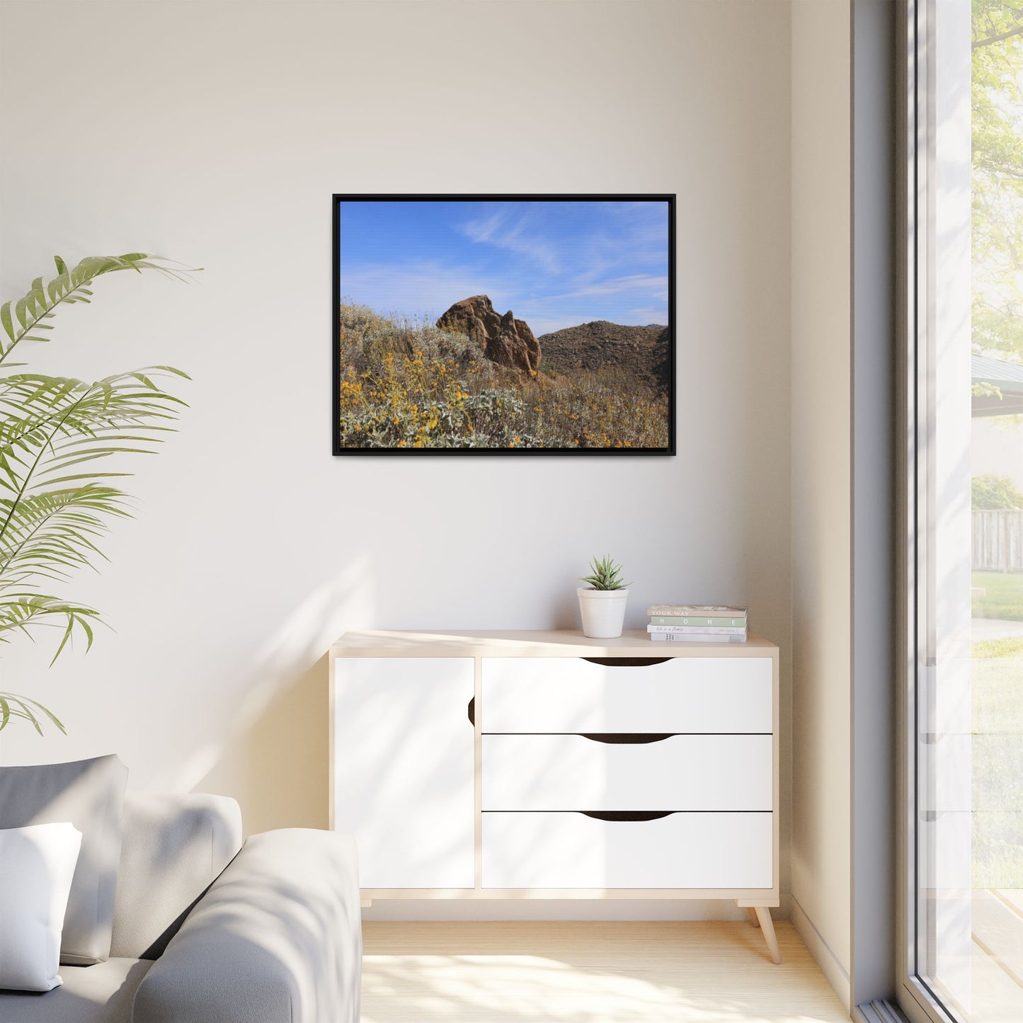 Golden Flowers in Arid Landscape - Unique Stretched Canvas Wall Art - Art By Earth