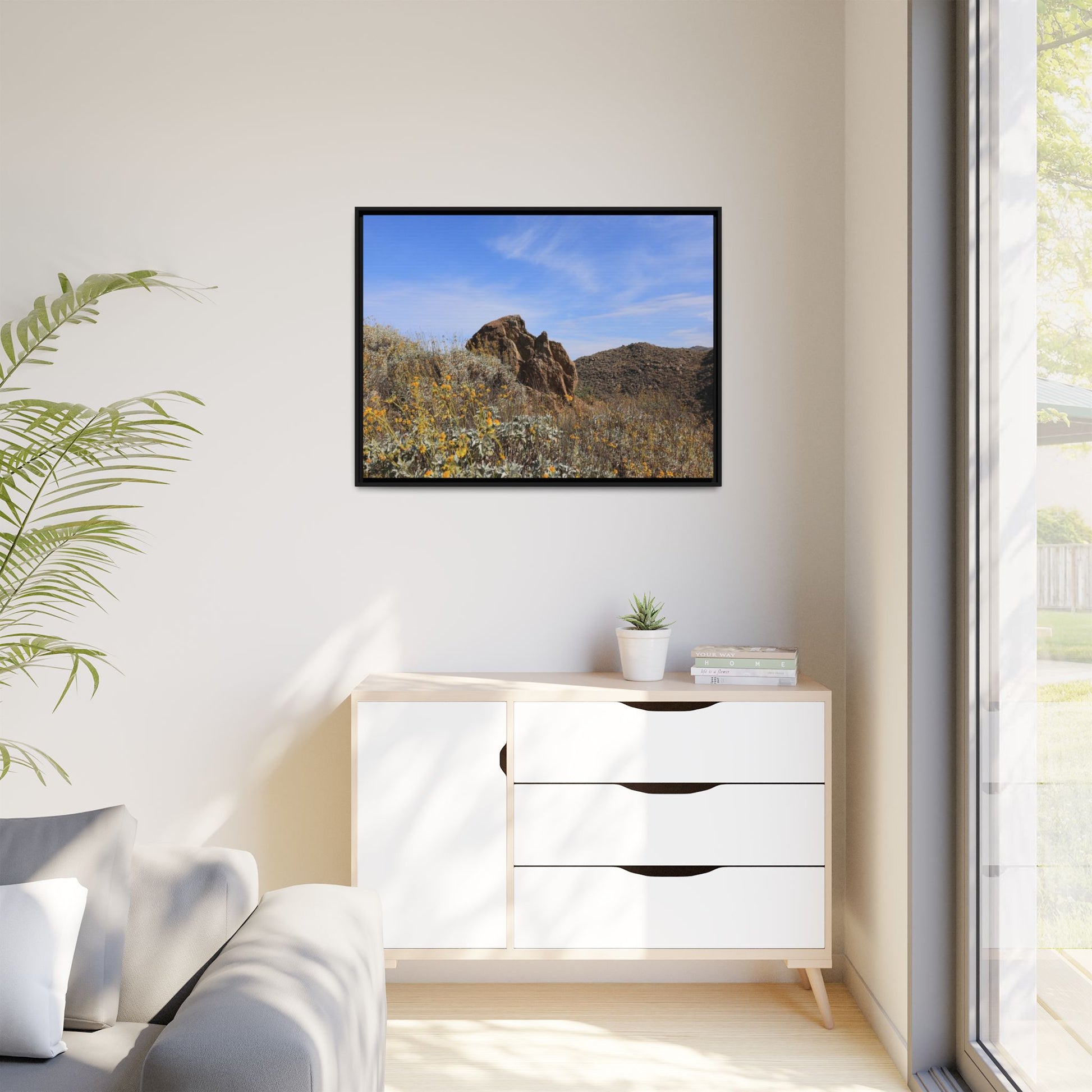 Golden Flowers in Arid Landscape - Unique Stretched Canvas Wall Art - Art By Earth