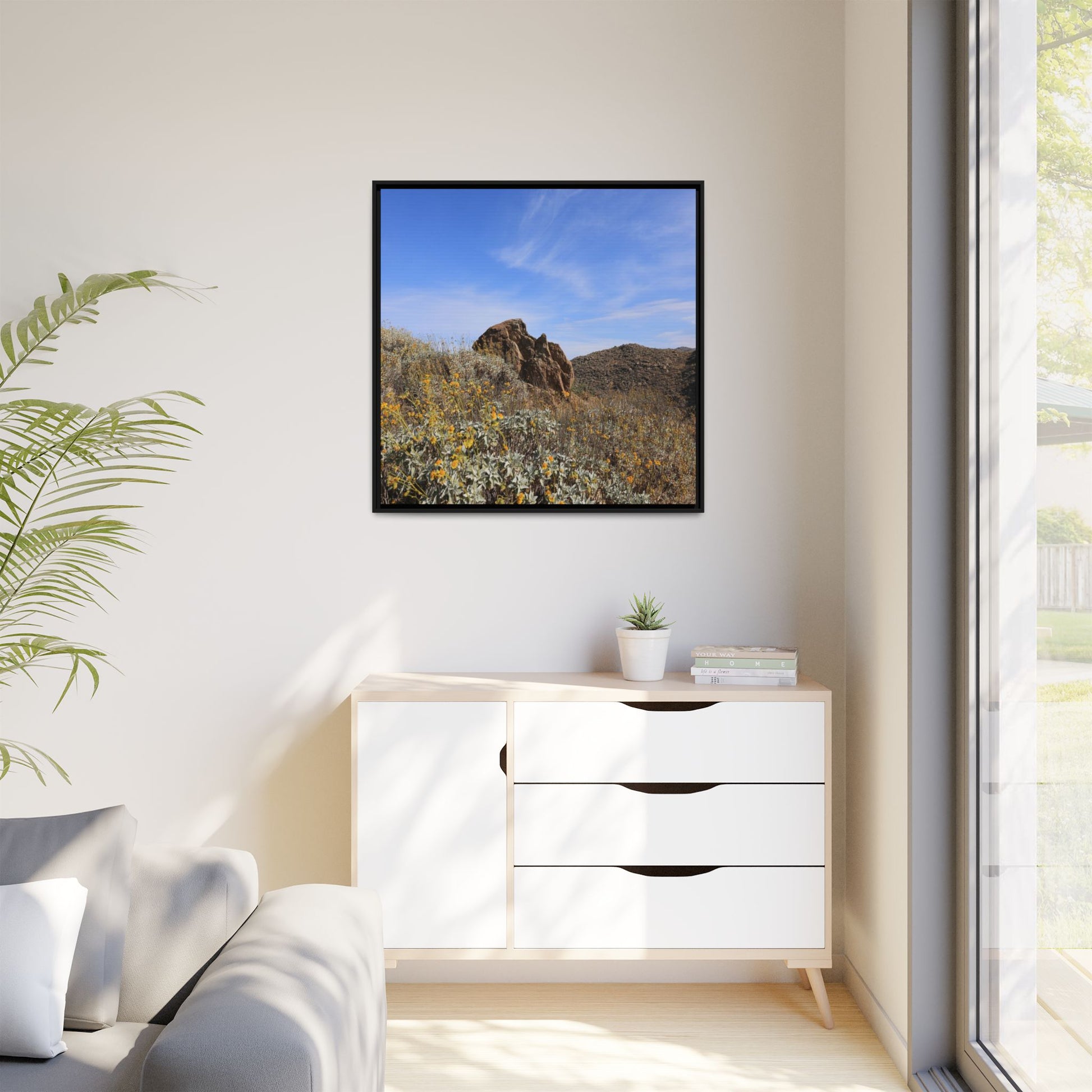 Golden Flowers in Arid Landscape - Unique Stretched Canvas Wall Art - Art By Earth