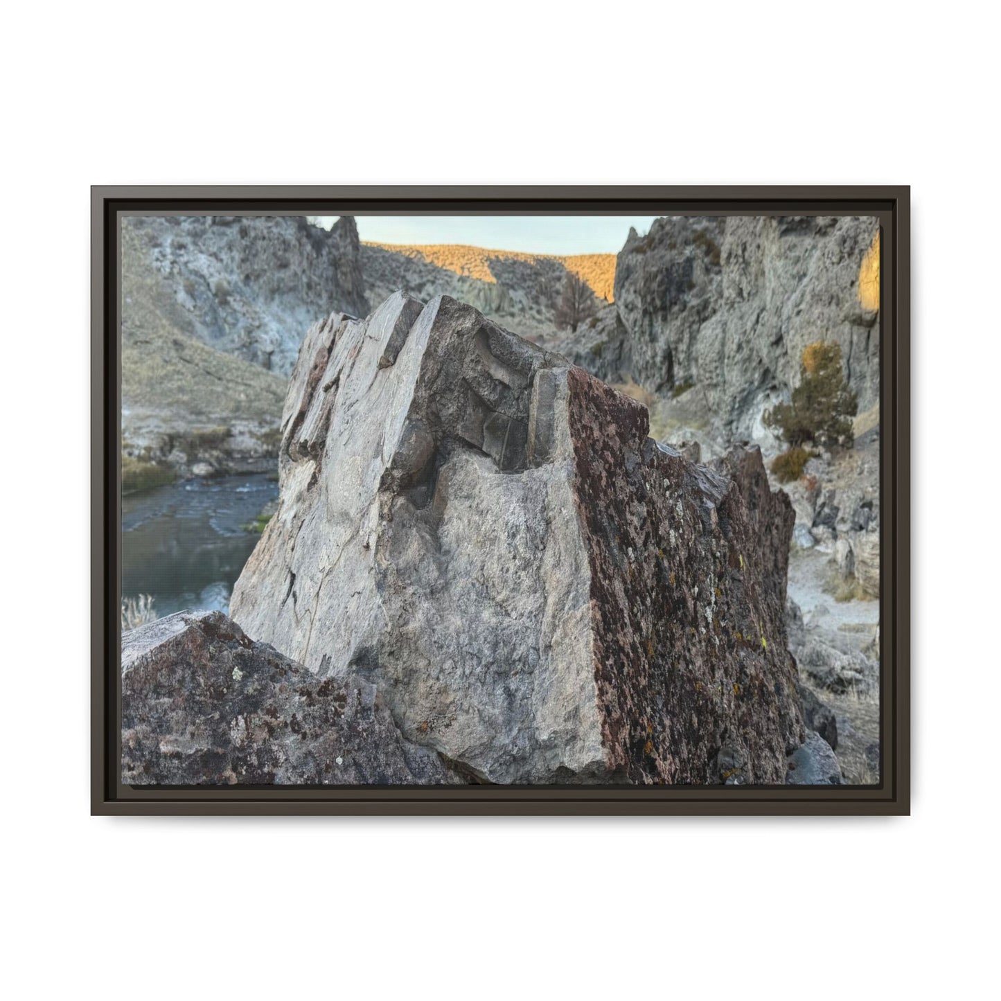 River's Stone Sentinel - Unique Stretched Canvas Wall Art