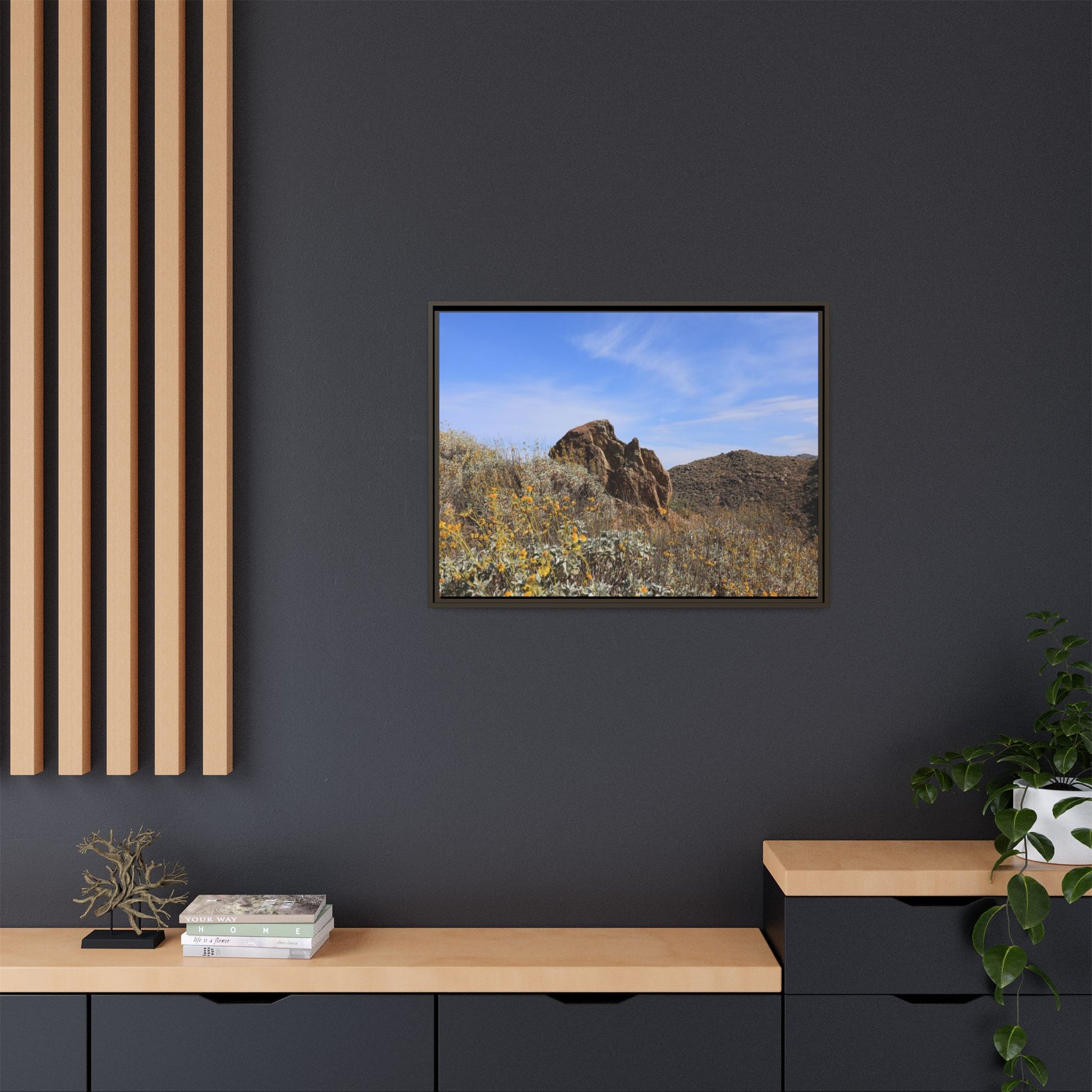 Golden Flowers in Arid Landscape - Unique Stretched Canvas Wall Art - Art By Earth