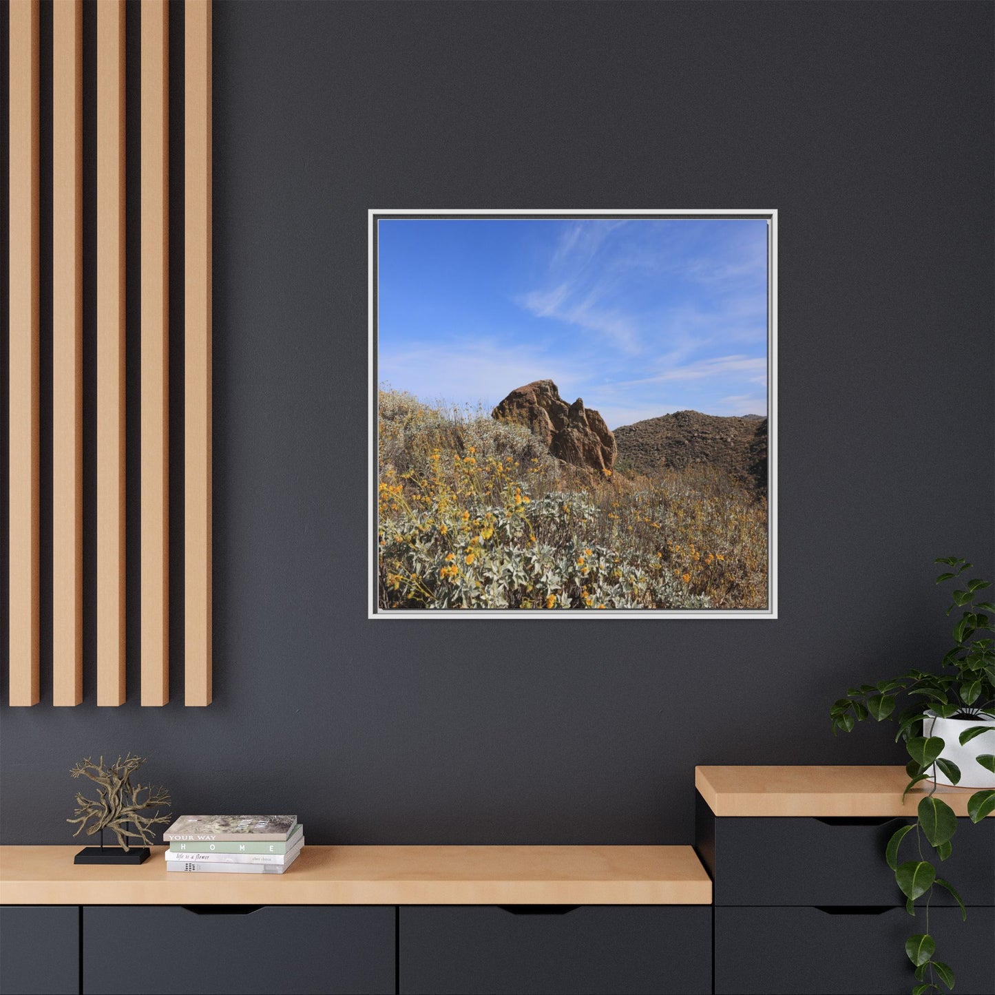 Golden Flowers in Arid Landscape - Unique Stretched Canvas Wall Art - Art By Earth