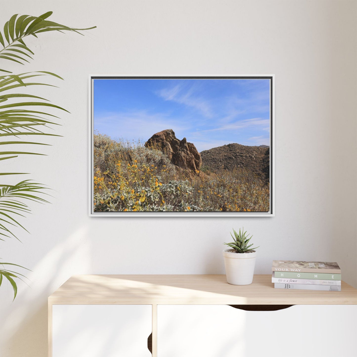 Golden Flowers in Arid Landscape - Unique Stretched Canvas Wall Art - Art By Earth