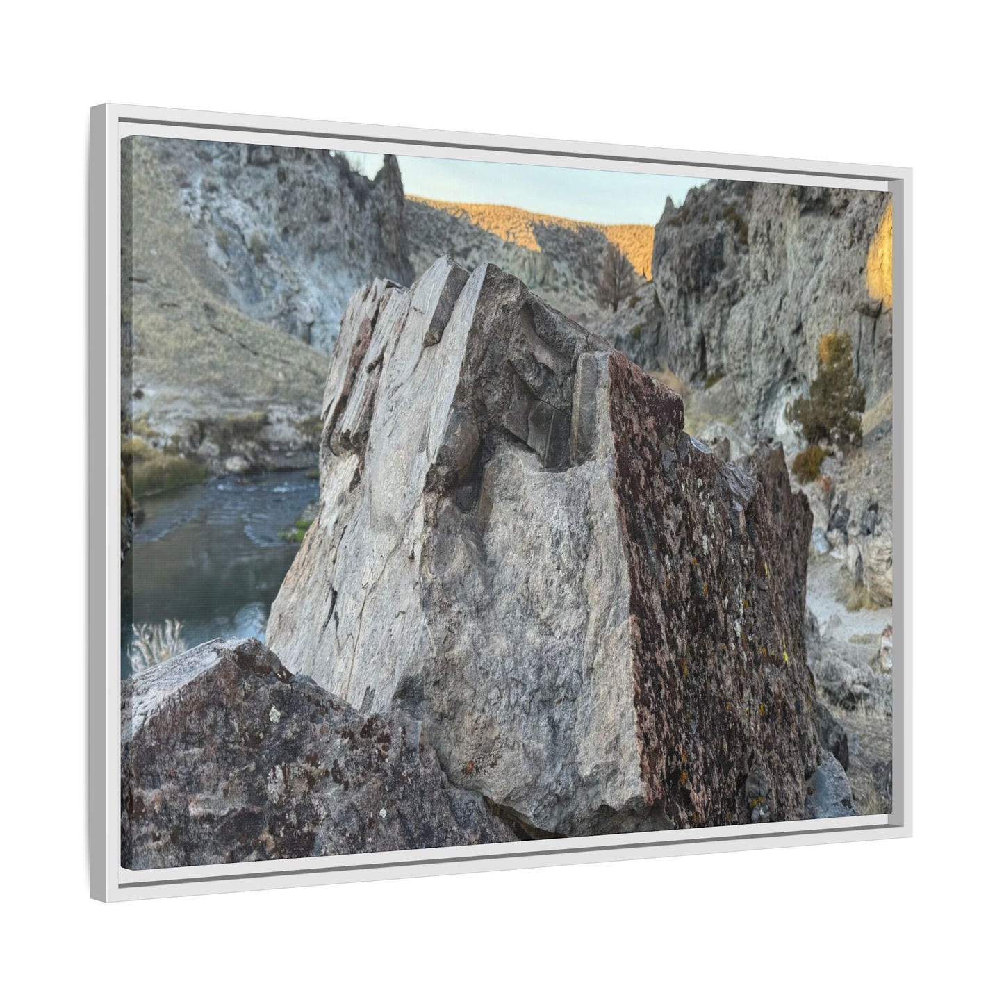 River's Stone Sentinel - Unique Stretched Canvas Wall Art