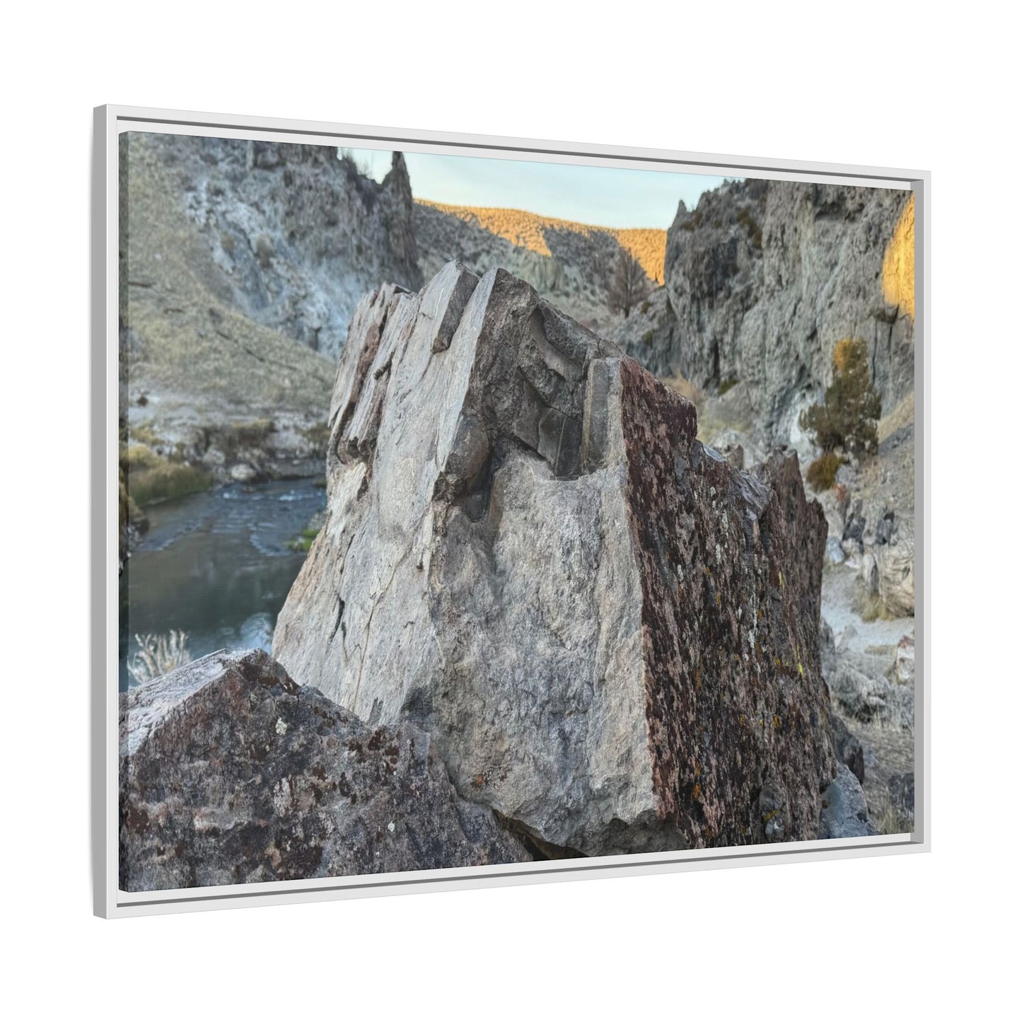 River's Stone Sentinel - Unique Stretched Canvas Wall Art