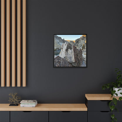 River's Stone Sentinel - Unique Stretched Canvas Wall Art
