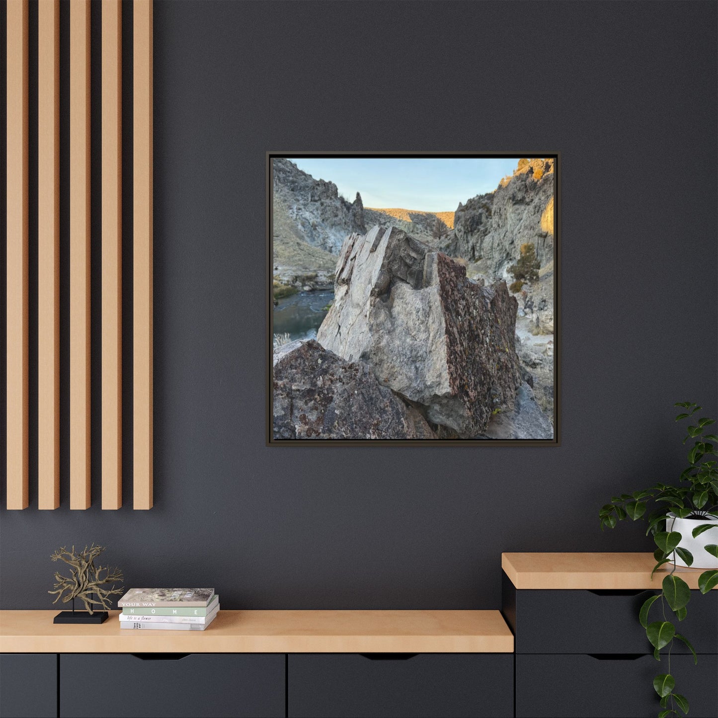 River's Stone Sentinel - Unique Stretched Canvas Wall Art