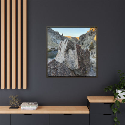 River's Stone Sentinel - Unique Stretched Canvas Wall Art