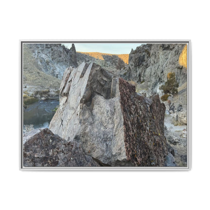 River's Stone Sentinel - Unique Stretched Canvas Wall Art