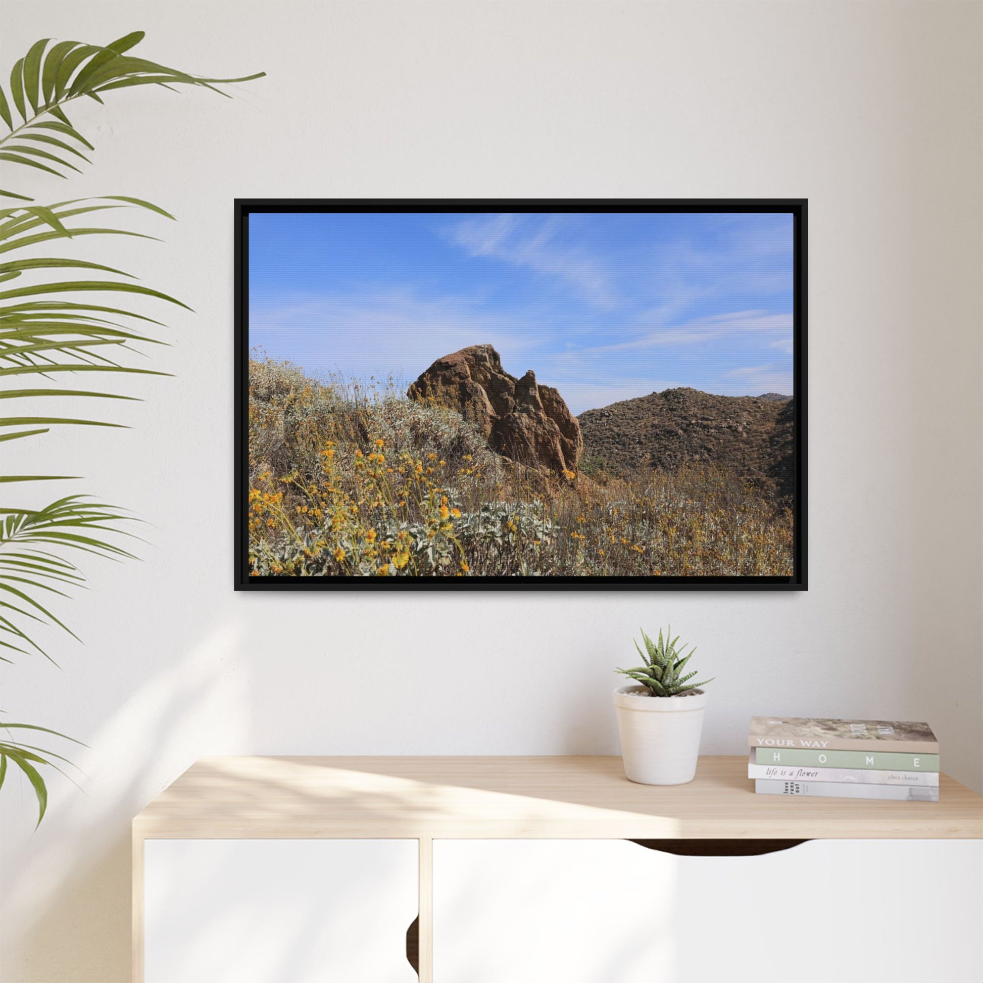 Golden Flowers in Arid Landscape - Unique Stretched Canvas Wall Art - Art By Earth