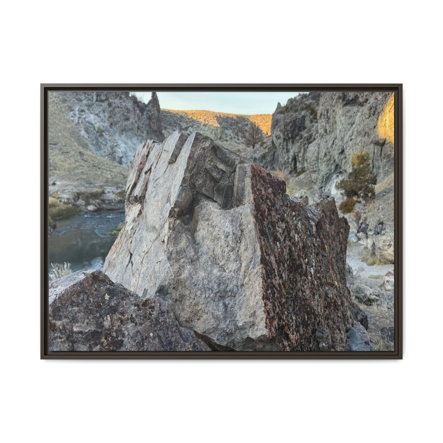River's Stone Sentinel - Unique Stretched Canvas Wall Art