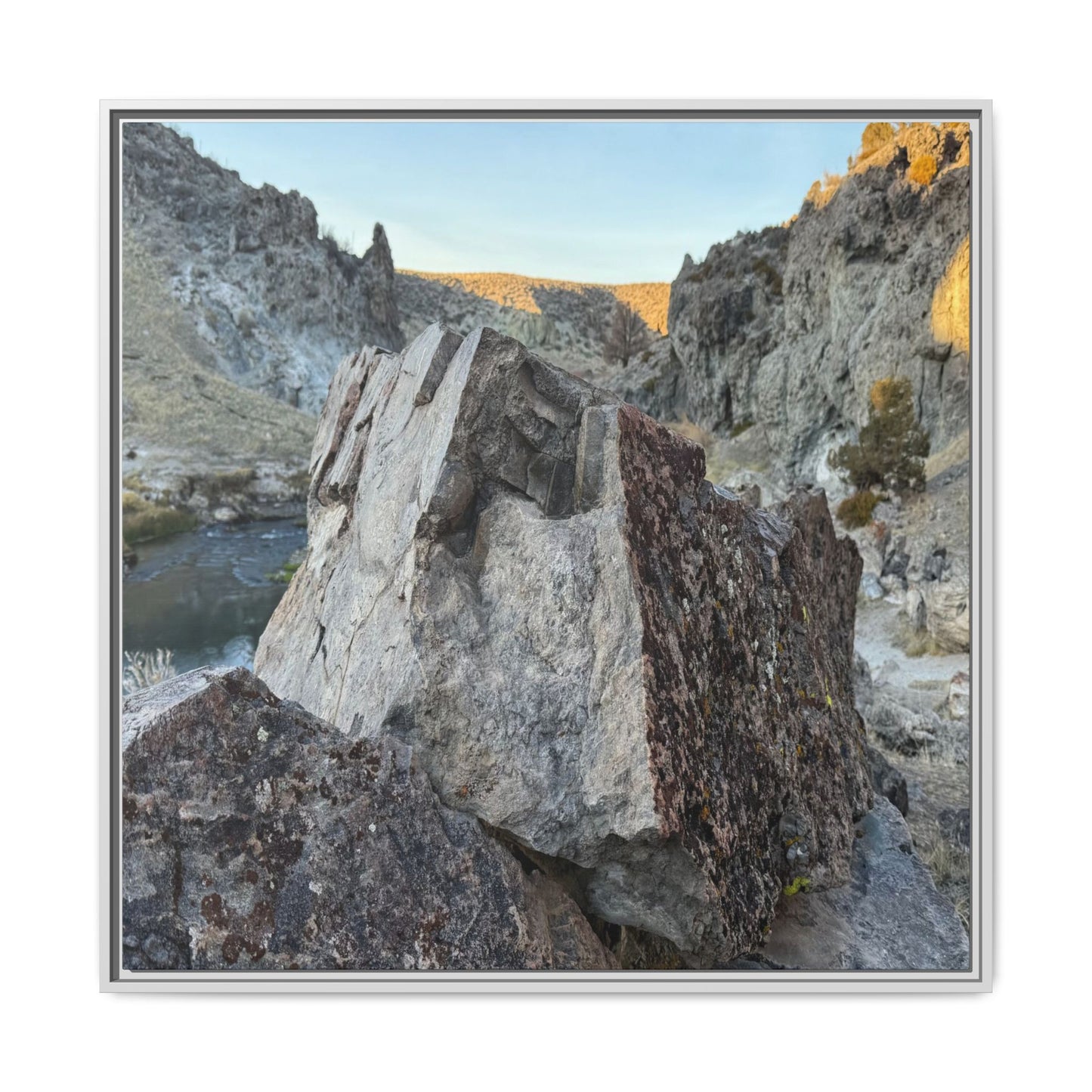 River's Stone Sentinel - Unique Stretched Canvas Wall Art