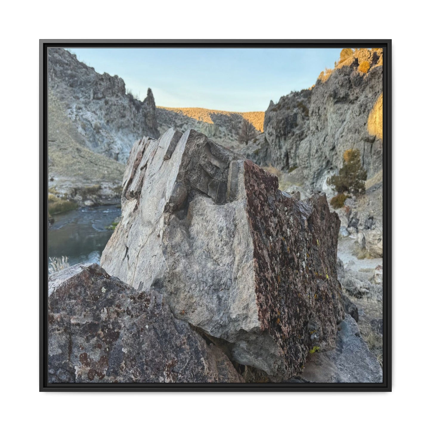 River's Stone Sentinel - Unique Stretched Canvas Wall Art