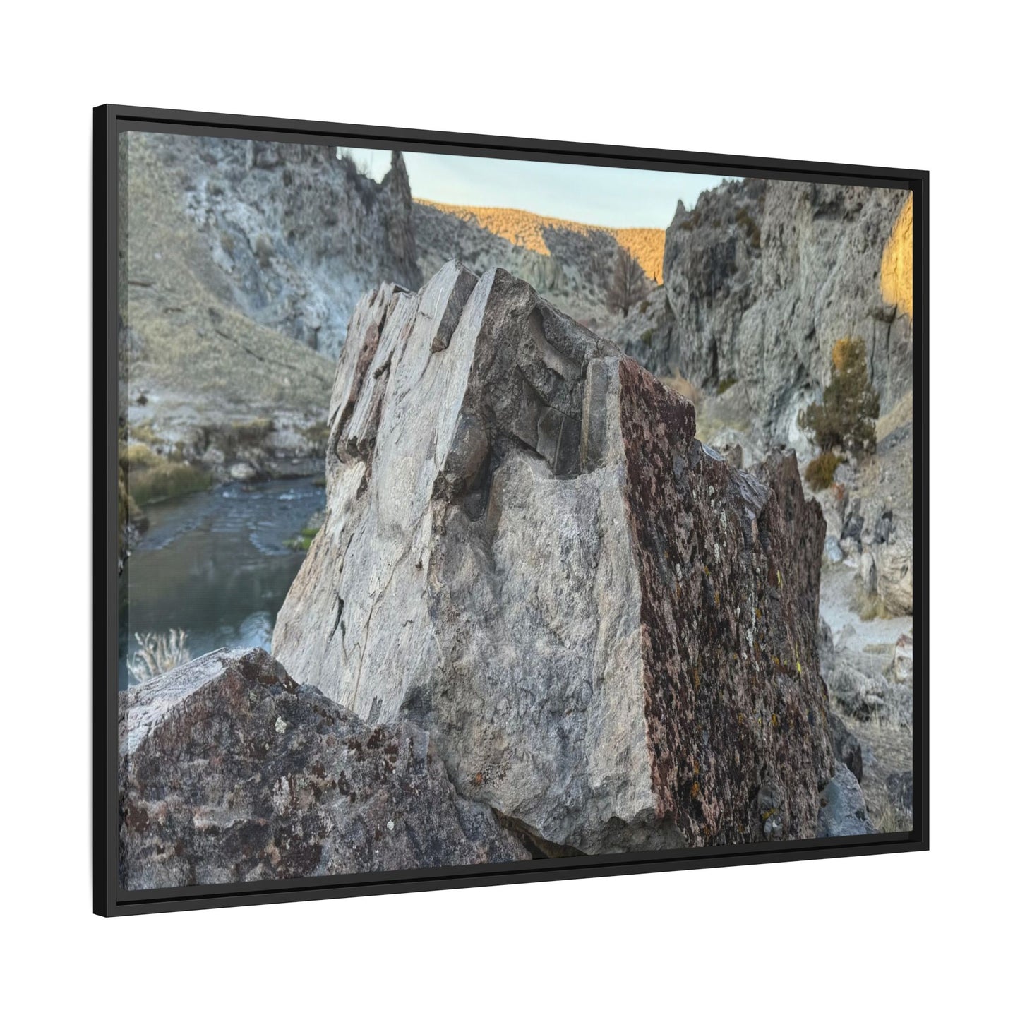 River's Stone Sentinel - Unique Stretched Canvas Wall Art