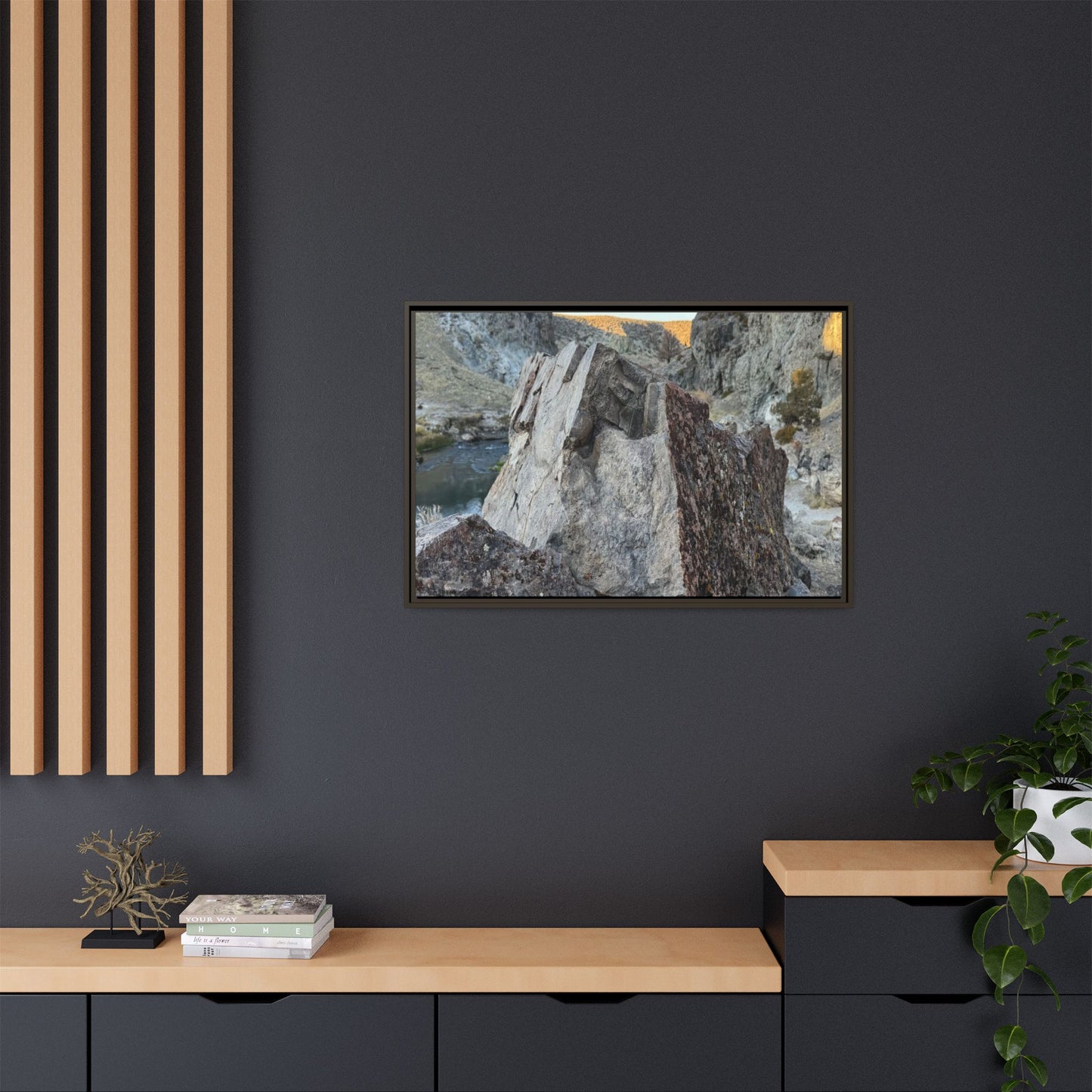 River's Stone Sentinel - Unique Stretched Canvas Wall Art