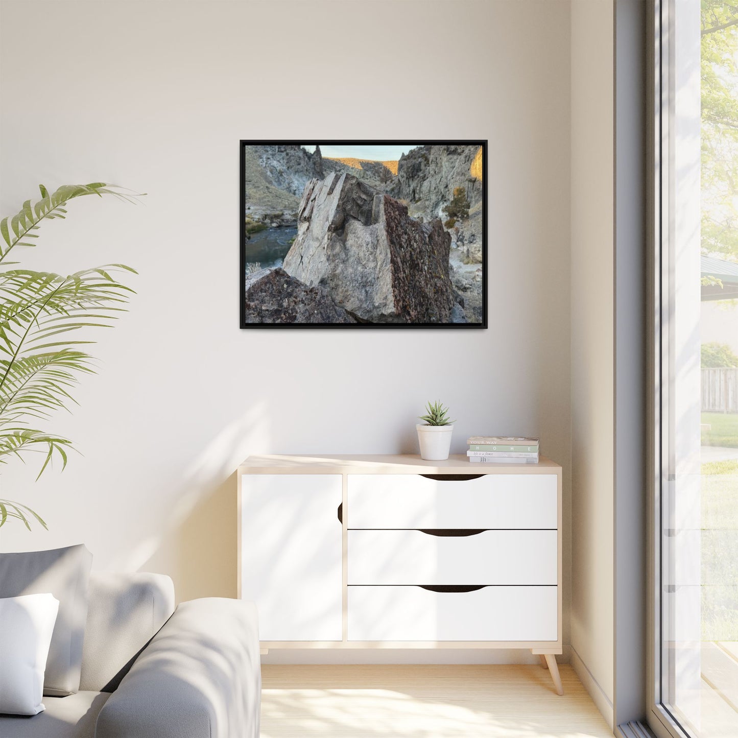 River's Stone Sentinel - Unique Stretched Canvas Wall Art